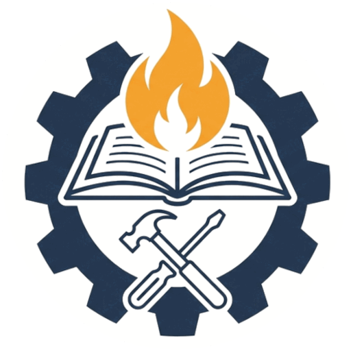 Logotipo: libro abierto con una llama, un martillo y un destornillador dentro de un engranaje